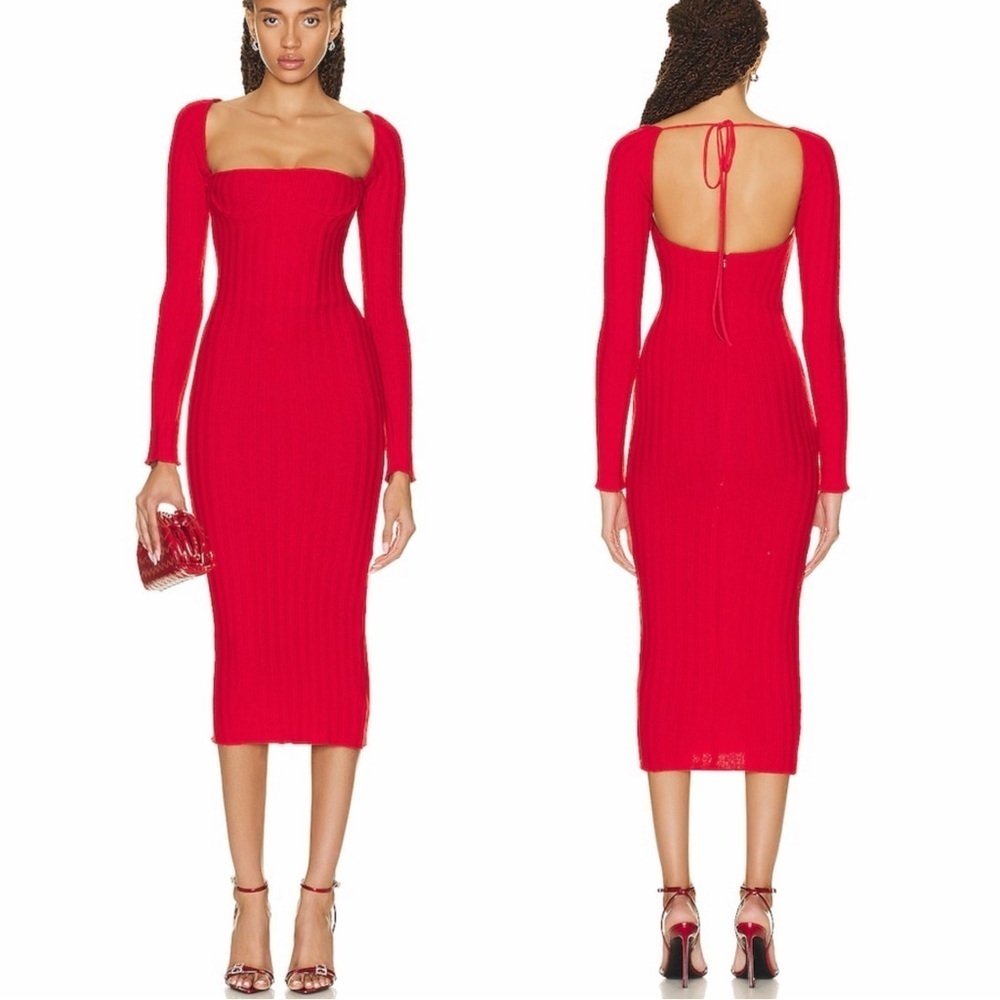 LaQuan Smith Off The Shoulder Midi Dress Cherry Red